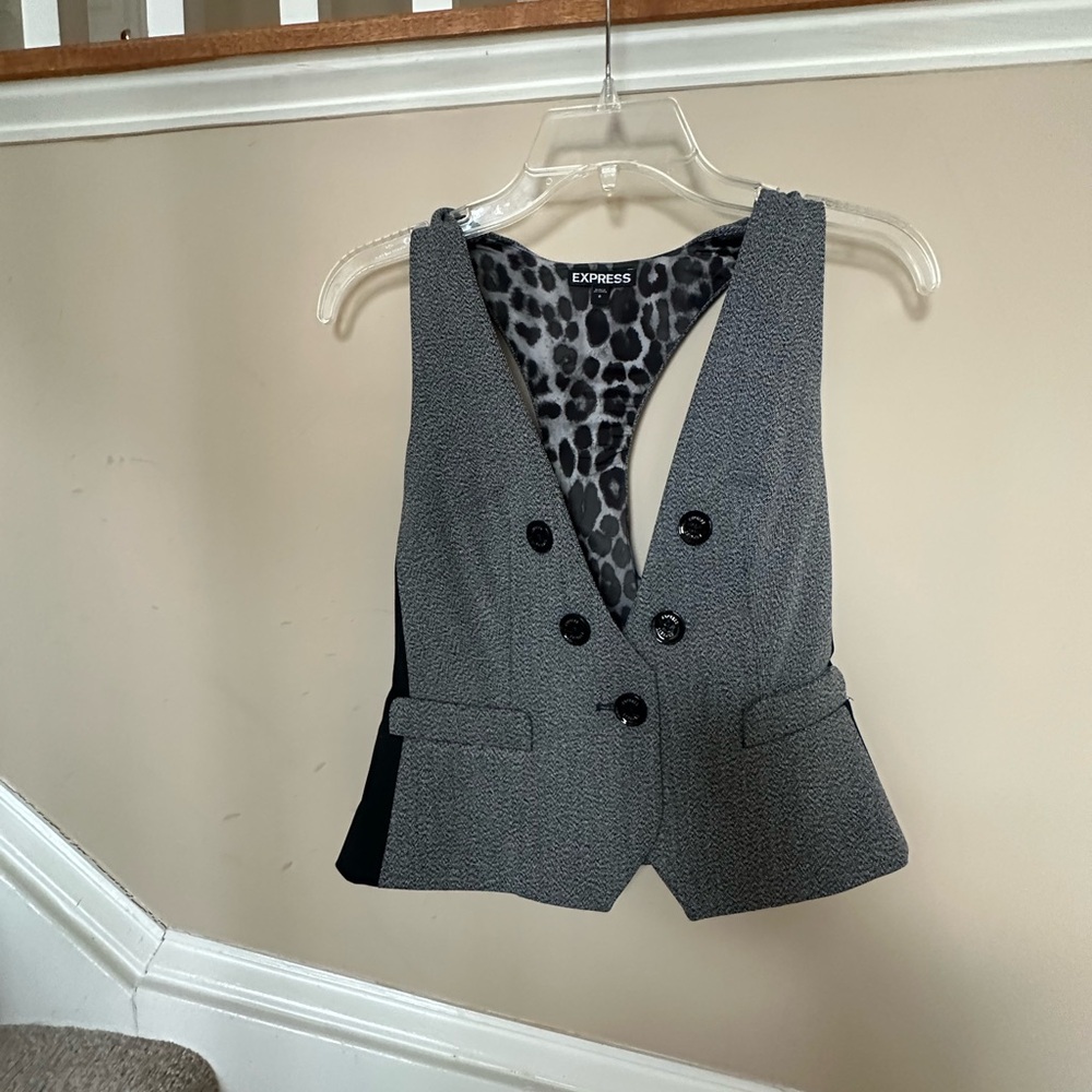 Express Women's Gray Double-Breasted Textured Vest with Leopard Lining